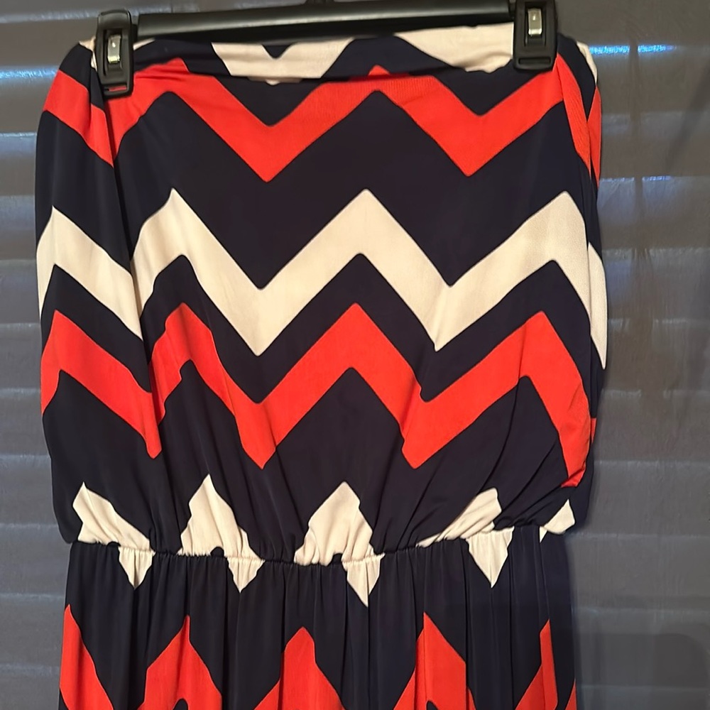Strapless blue/red/white maxi dress
